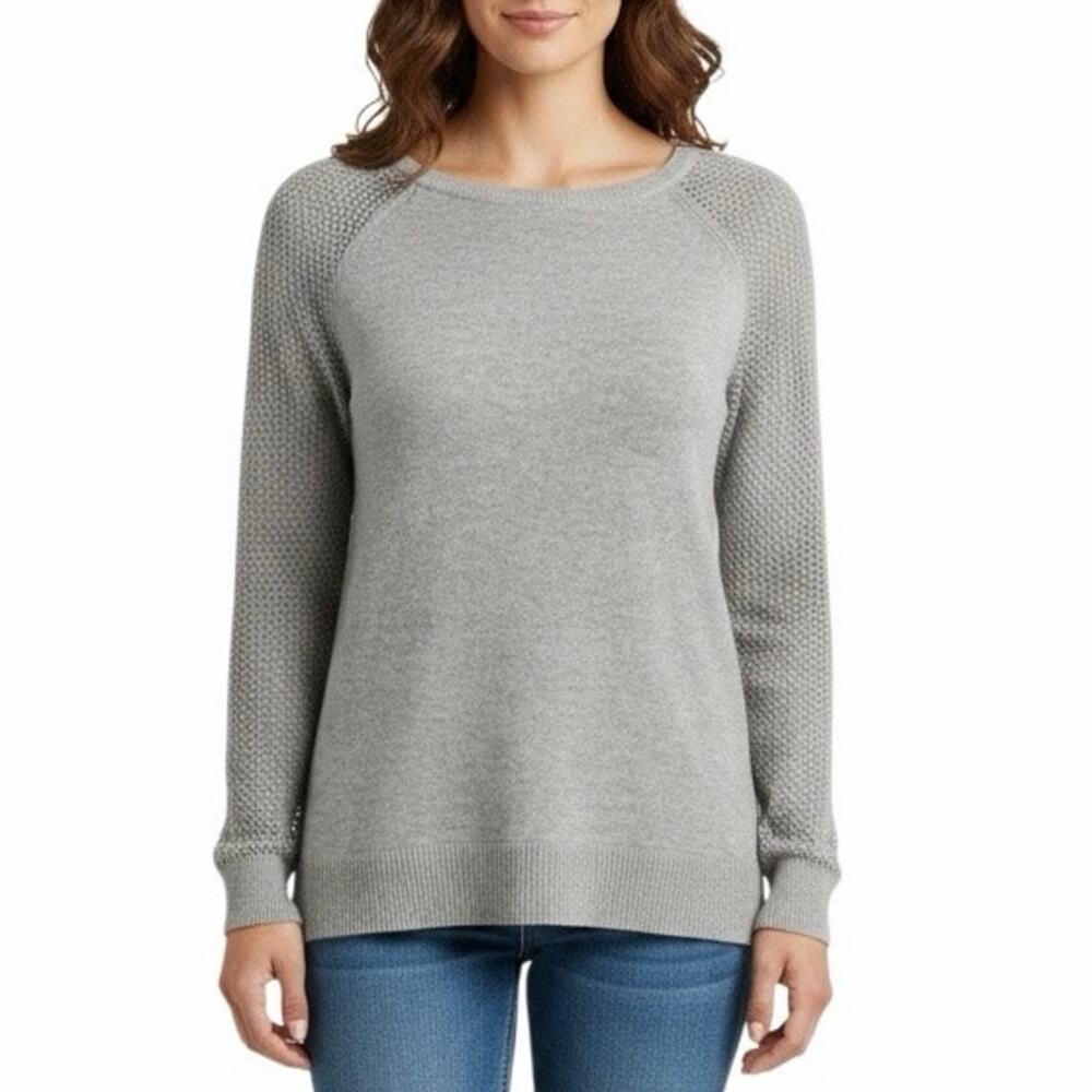 LAUREN Ralph Lauren Gray Open Knit Sleeve Long Sleeve Pullover Blouse Sweater M - Picture 2 of 8